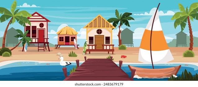 Vektorillustration von Sommerbungalows am Meer.Cartoon-Szene von wunderschöner Landschaft mit Meer, Holzbrücke mit gebundenem Boot, Bungalowhaus mit Treppe, Surfbretter, Möwe, Krabbe, Palmen.