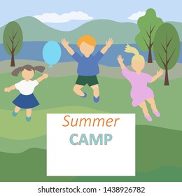 Vector illustration of summer camp banner with jumping kids on landscapes background.Isolated ellements.Empty space for text