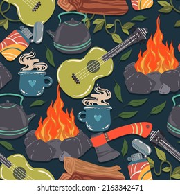 Vector illustration. Summer camp with bonfire, guitar, teapot, mug, axe, lighter. Pattern. Dark background, wallpaper, cartoon style