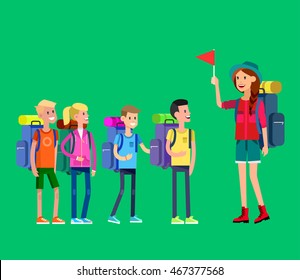 Vector Illustration Of Summer Camp. Vector Characters Counselor And Children. Camping Banner And Icon