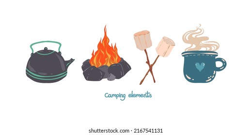 Ilustración vectorial. Campo de verano. Composición con hoguera, malvavisco, taza, hervidor. Postales, pegatinas
