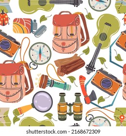 Vector illustration. Summer camp. Composition with various travel items. Pattern. Light background, wallpaper, cartoon style