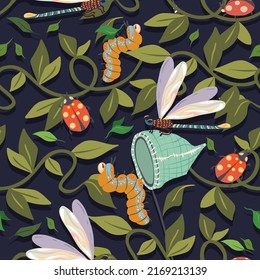 Vector illustration. Summer camp. Composition with plants, ivy, dragonfly, caterpillar, ladybugs. Pattern. Dark background, wallpaper