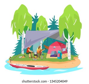 Vector illustration of summer camp with couple near camp fire cooking and playing the guitar. Tent under awning, kayak, backpack, guitar, boots. Forest on the background. Flat cartoon style.