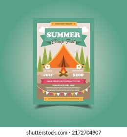 Ilustración vectorial del volante del campamento de verano, afiche