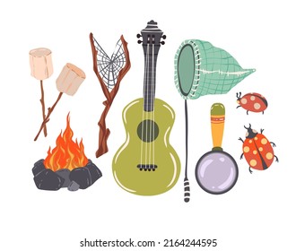 Vector illustration. Summer camp with Guitar, bonfire, marshmallow, magnifier, telescopic butterfly net. Postcards, stickers