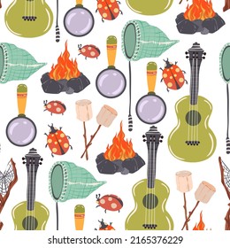 Vector illustration. Summer camp with guitar, bonfire, marshmallow, magnifier, telescopic butterfly net. Pattern. White background, cartoon style