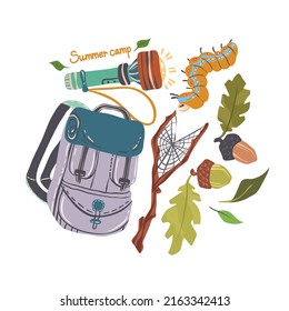 Vector illustration. Summer camp with hiking backpack, flashlight. Various leaves, acorns. Postcards, stickers