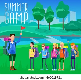 vector illustration of summer camp on beautiful landscape . Vector characters counselor and children. Camping banner and icon