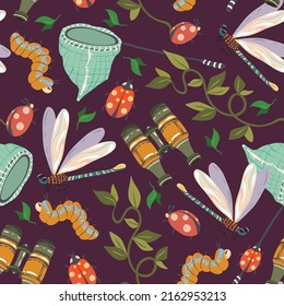 Vector illustration. Summer camp with telescopic Butterfly Net, binoculars. Different insects, caterpillar, ladybug, dragonfly. Pattern. Dark background, wallpaper, cartoon style