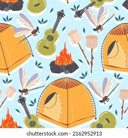 Vector illustration. Summer camp with Tent, marshmallow, bonfire, guitar. Pattern. Light blue background, wallpaper