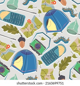 Vector illustration. Summer camp with tent, map, camera, sleeping bag, telescopic butterfly net. Pattern. Light background, wallpaper, cartoon style