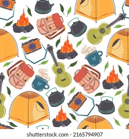 Vector illustration. Summer camp with Tent, guitar, bonfire, mug with kettle, backpack, camera. Pattern. Light background, wallpaper, cartoon style