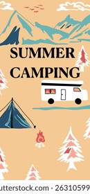 Vector illustration with summer camping lettering with mountains, tent and camper van
