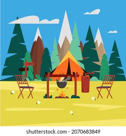 Vector illustration of summer camping. Tent, campfire with cooking pot,  mountains and forest background