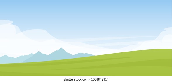 Vector illustration: Summer cartoon flat landscape with mountains, hills and green field.