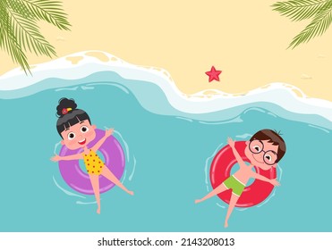 Vector Illustration Of Summer And Children. Children Swim In The Sea, Ocean On Swimming Circles. View From Above. Vector Flyer Template