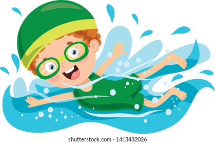 Vector Illustration Of Summer Children Swimming