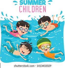 Vector Illustration Of Summer Children Swimming