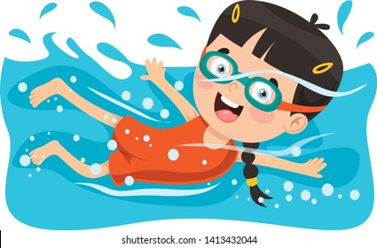 Vector Illustration Of Summer Children Swimming