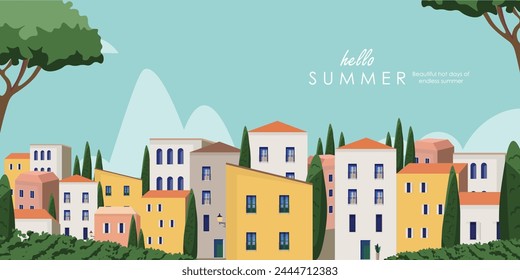 Vektorillustration. Sommer, Stadt, Häuser. Straße. Banner Design, Website Hintergrund, Broschüre, Umschlag, Verpackung. Modernes Design.