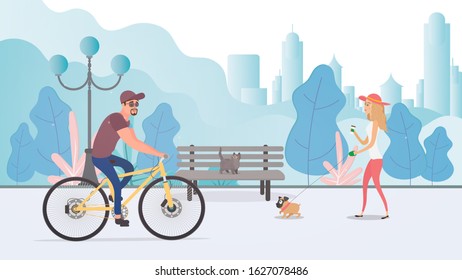 Vector illustration of a summer city park. A girl with a dog walks in the park.
The guy on the bike.