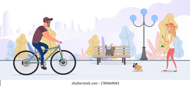 Vector illustration of a summer city park. A girl with a dog walks in the park.
The guy on the bike.