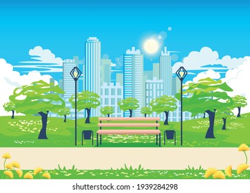 Vector illustration of a summer city park with trees, a park bench and lanterns on the background of a big city with skyscrapers in the daytime