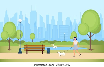 Vector illustration of a summer city park. Cityscape with buildings and trees.Lake with a swan, girl walking with a dog, wooden bench, street lamp, trash can in the square.