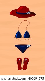 Vector illustration of summer clothes with bikini, hat and  flip flop sandals.