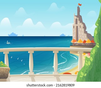 Vector illustration of summer coastal view decoration, photo spot for tourists, seascape, horizon line. Textured art for trip journal, travel guide book, hotel resort, poster, flyer, invitation