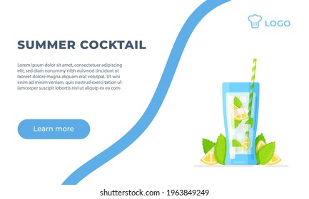 Ilustración vectorial de cóctel de verano aislado en fondo blanco con líneas azules. Delicioso mojito. Cóctel tropical en un vaso de vidrio con paja, hielo y fruta.