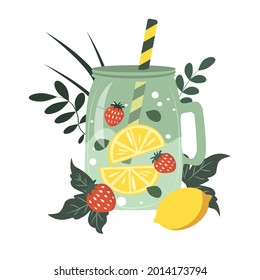 vector illustration - summer cocktail lemonade in a glass jar, strawberiies, lemon, leaves. trend illustration in flat style