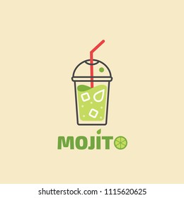 Vector illustration of summer cocktail mojito. Glass of Mojito with ice, lime, mint and straws.