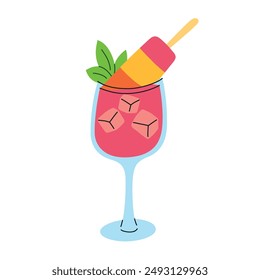 Ilustración vectorial de un cóctel de verano con paleta, cubitos de hielo y guarnición de menta. Bourbon smash para fiestas, refrescante limonada fría, bebida de hielo. Estilo plano de la historieta, bebida exótica de moda