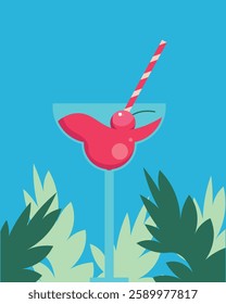 Vector illustration. Summer cocktail, poster, postcard, cover, banner. Cherry juice, cocktail with a straw. Modern design.