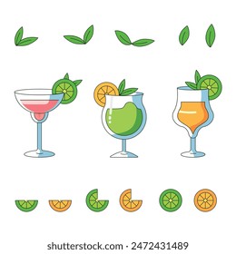 vector illustration summer cocktails with citrus garnishes, perfect for beach parties and holiday celebrations.