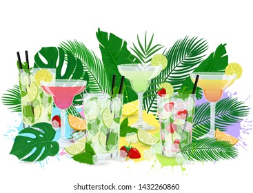 Vector illustration of summer cocktails set with tropic leaves and fruits. Design with Classic Mojito, Strawberry Mojito, Margarita, lemonade for card, flyer, invitation, party, bar, menu, offer.