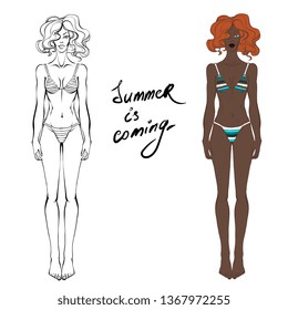 Vector Illustration - summer is coming. My memory lane about summer sea. African American pretty red hair girl . Black lined woman in bikini. 
