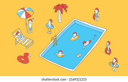 Vector illustration of summer concept. People in Swimming pool.