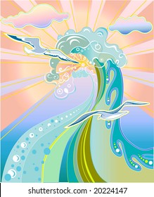 Vector illustration of  summer concept with waves, birds and sunshine.