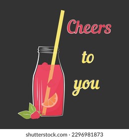 Vector illustration. Summer cooling cocktail, drink with lemon and raspberry