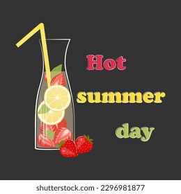 Vector illustration. Summer cooling cocktail, a drink with strawberries and lemon