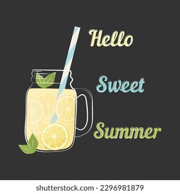 Vector illustration. Summer cooling cocktail, drink with lemon and mint
