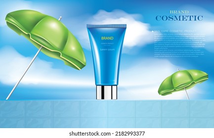 ilustración vectorial plantilla de diseño de cosméticos de verano, tubo cosmético azul y dos paraguas de playa y cielo azul detrás, crema de belleza y humedad y tubo de loción y gel, ilustración 3d.