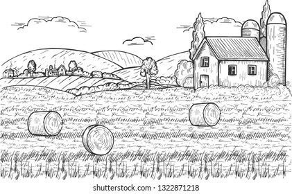 Vector illustration of summer countryside with three round hay bales on the meadow, farm above and settlement near the mountains. Vintage hand drawn style 