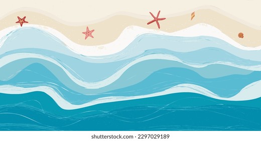 ilustración vectorial de un día de verano para el fondo de las vibraciones de verano y verano, el fondo de una playa tropical. arena y olas