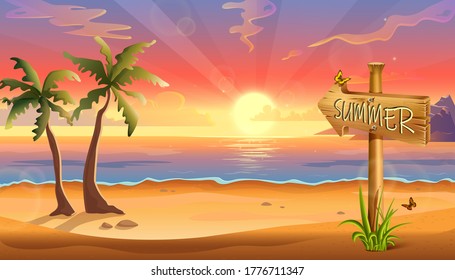 vector illustration of summer destination background, tropical beach with palms and wooden sign.