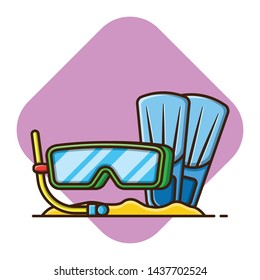 Vector illustration of summer diving equipment. Face mask covers the eyes, nose, and Swim fins . Flat cartoon style suitable for web landing page, banner, flyer,