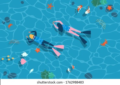 ilustración vectorial Buceo de verano, papel de pared de buceo o fondo en agua clara del océano con peces cororíficos, cangrejos y estrellas del mar